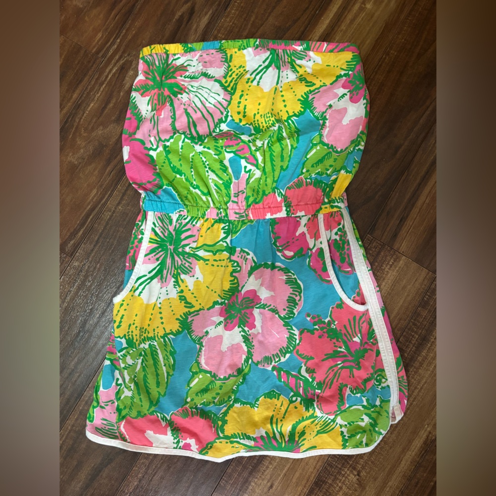 Lilly Pulitzer Strapless Floral Romper in Pink, Green, Yellow & Blue